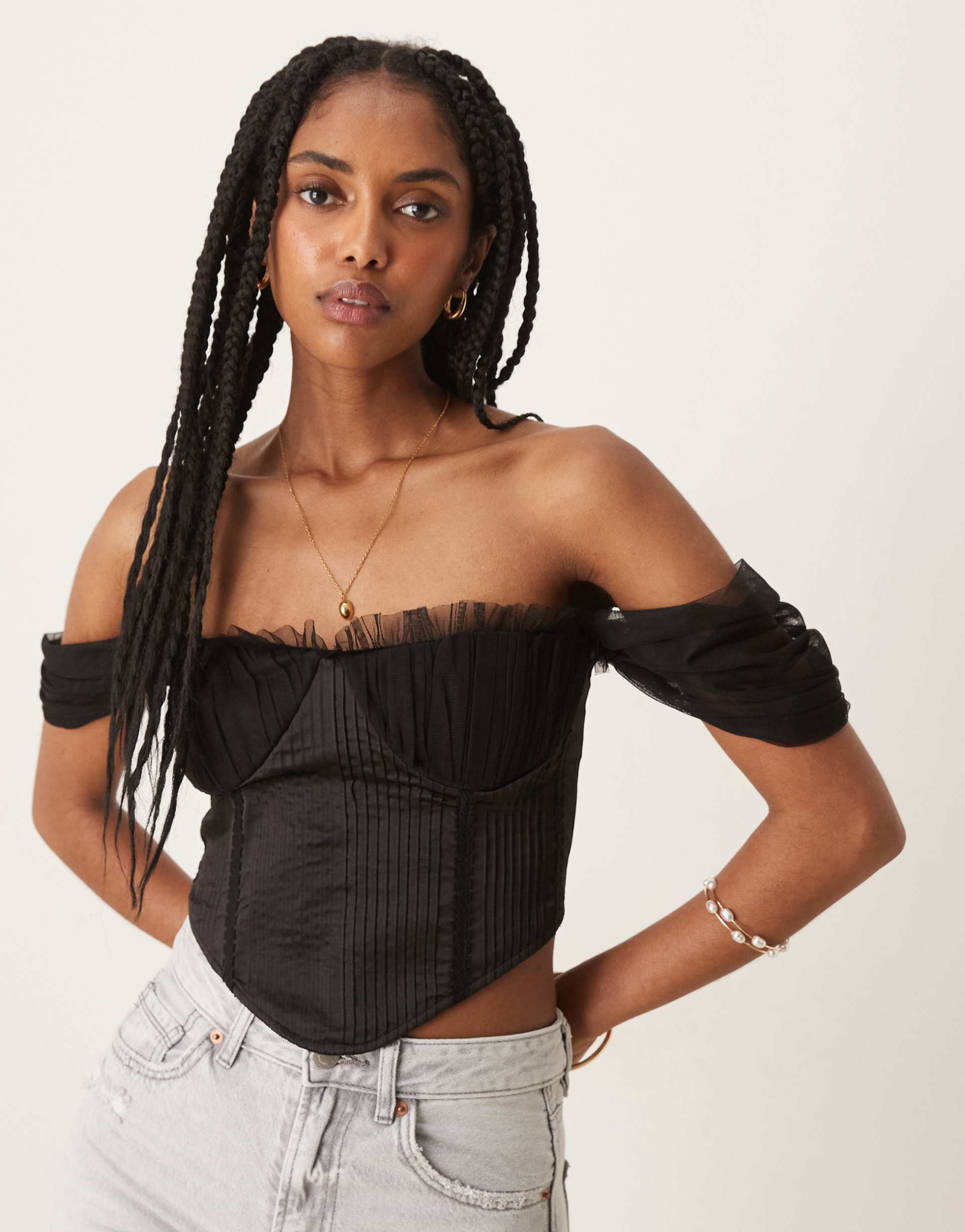 lace & beads off the shoulder corset top in black