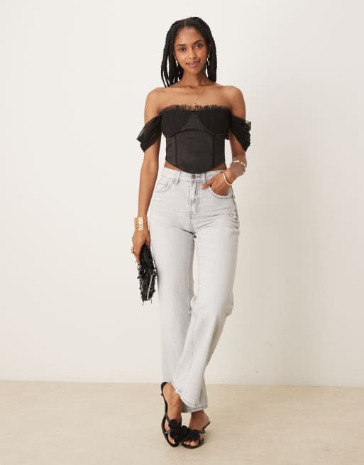 Lace & Beads off the shoulder corset top in black | ASOS