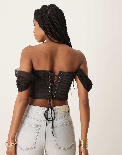 Lace & Beads off the shoulder corset top in black | ASOS