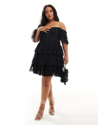 Lace & Beads off-the-shoulder corset tulle mini dress in black