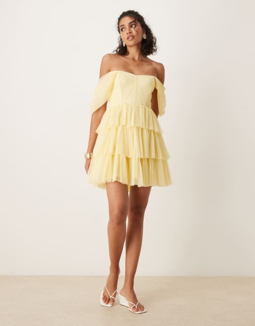 Lace & Beads off the shoulder corset tulle mini dress in buttercup