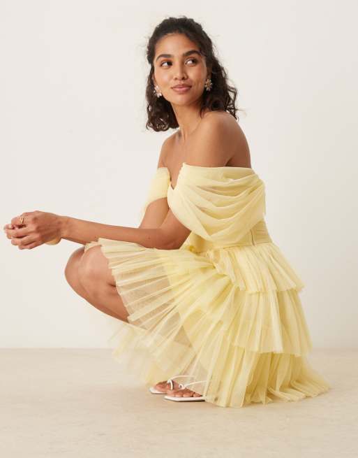 Lace & Beads off the shoulder corset tulle mini dress in buttercup
