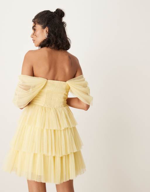 Lace & Beads off the shoulder corset tulle mini dress in buttercup