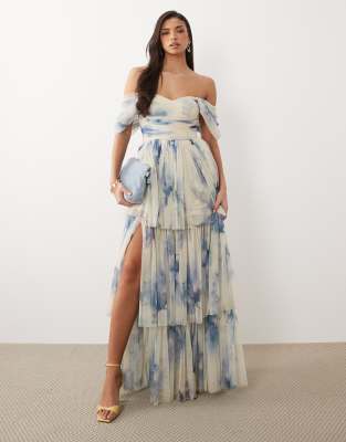 Lace & Beads Off The Shoulder Tulle Maxi Dress In Multi