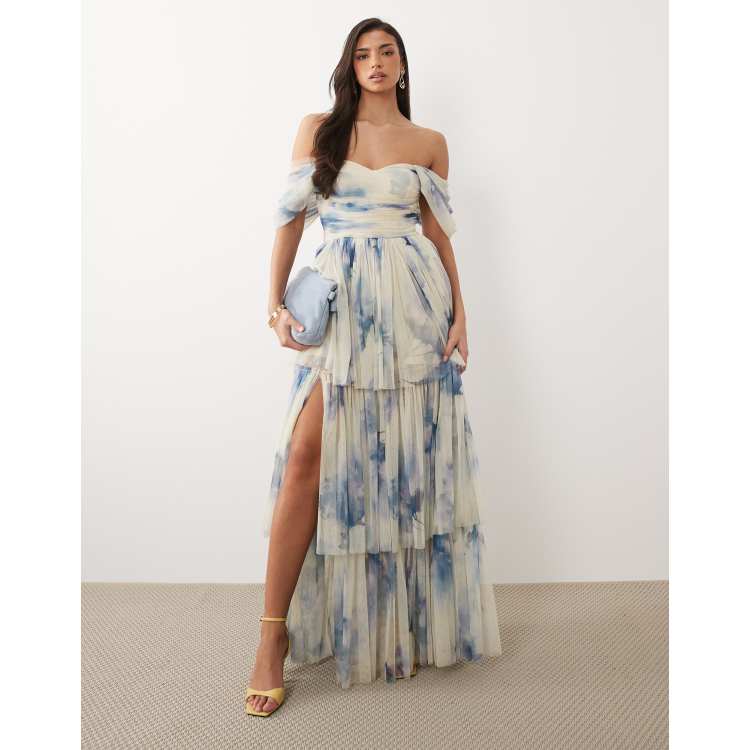 Lace & Beads off the shoulder tulle maxi dress in blue floral print | ASOS