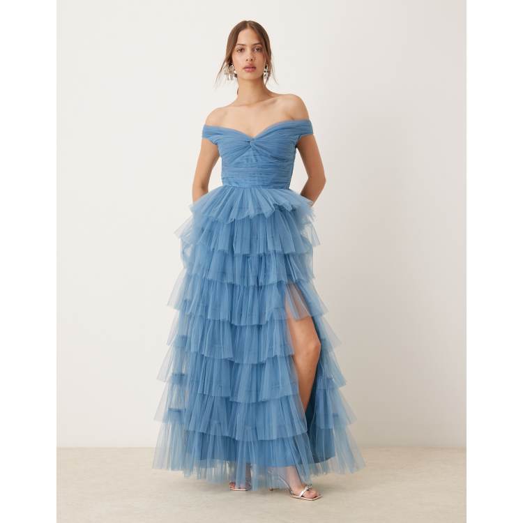 アメリOFF SHOULDER TULLE LAYERED DRESS AC TM1012 - Off The Shoulder A-Line Prom Gown With Glitter