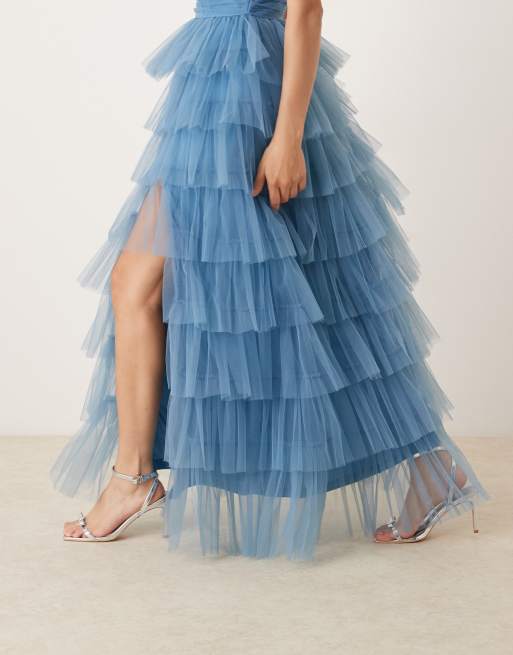 パーティードレス Solie Tulle Insert Cut Out Blue Dress A-Line Strapless Blue Mirror-Cuts Glitter Tulle Short