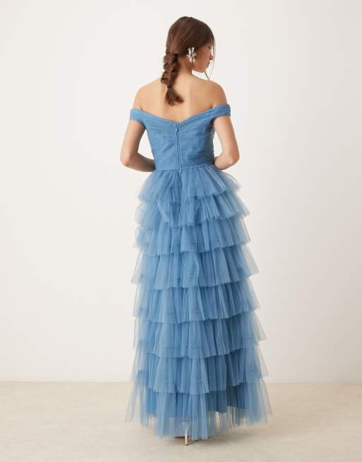 Lace & Beads off the shoulder tulle maxi dress in blue
