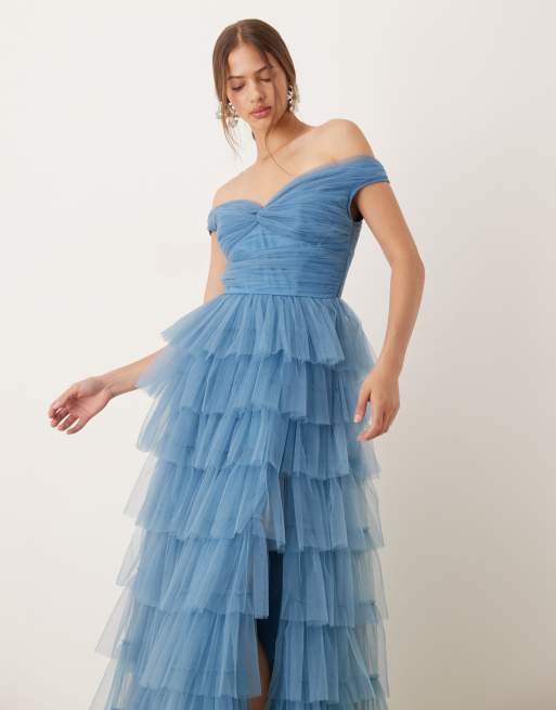 パーティードレス Solie Tulle Insert Cut Out Blue Dress Lace & Beads off the shoulder tulle maxi dress in blue | ASOS