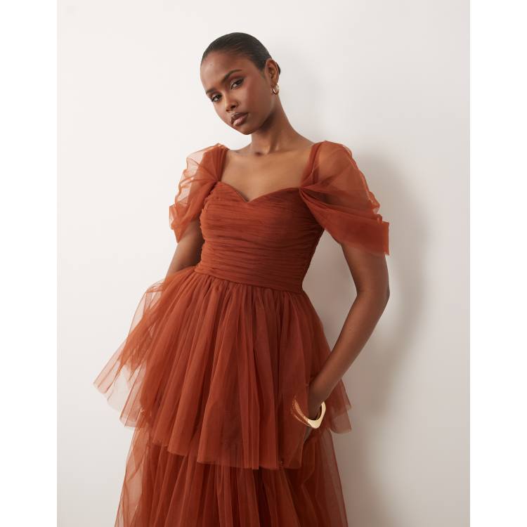 Lace & Beads off the shoulder tulle maxi dress in rust | ASOS
