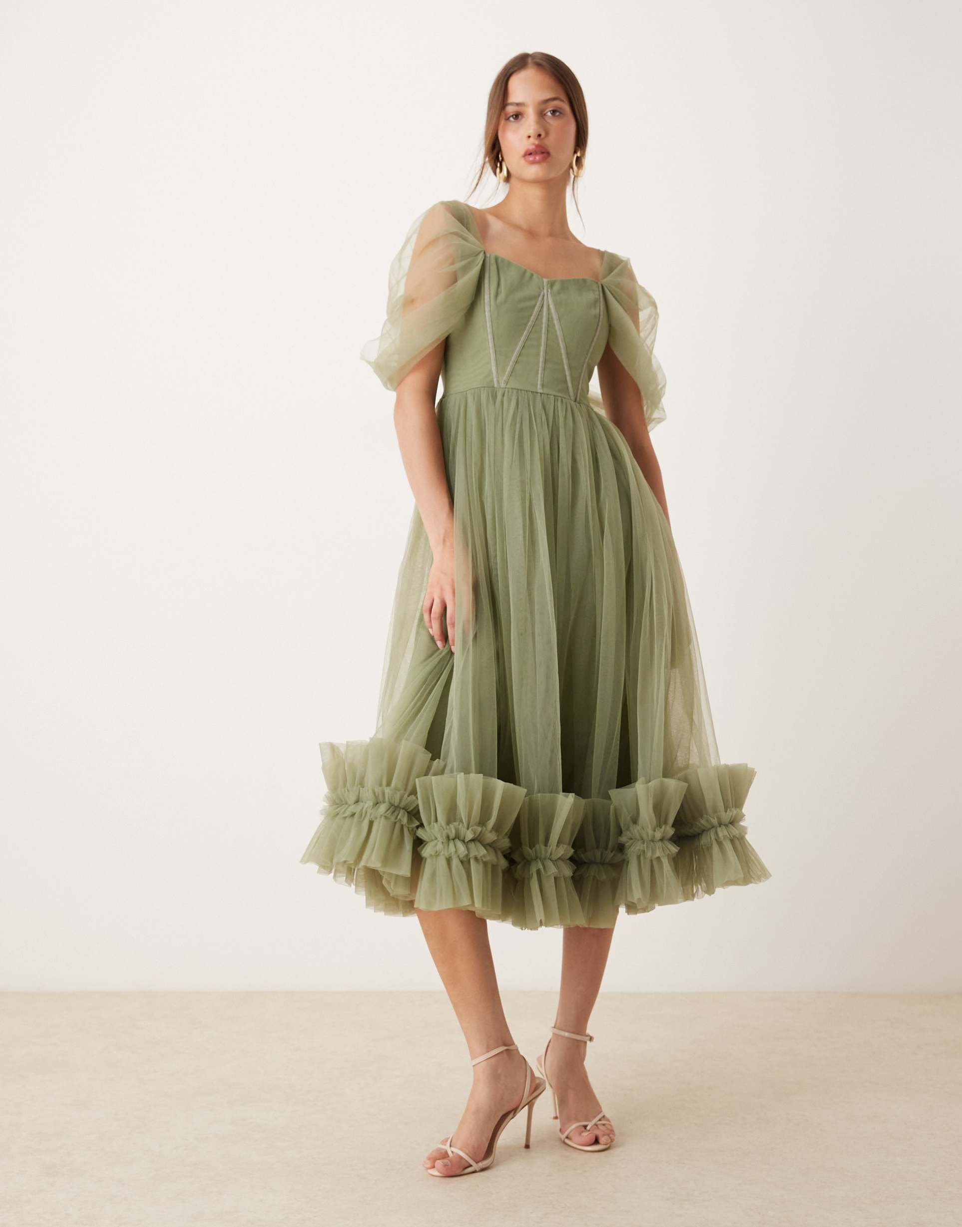 lace & beads off the shoulder tulle midaxi dress in soft olive