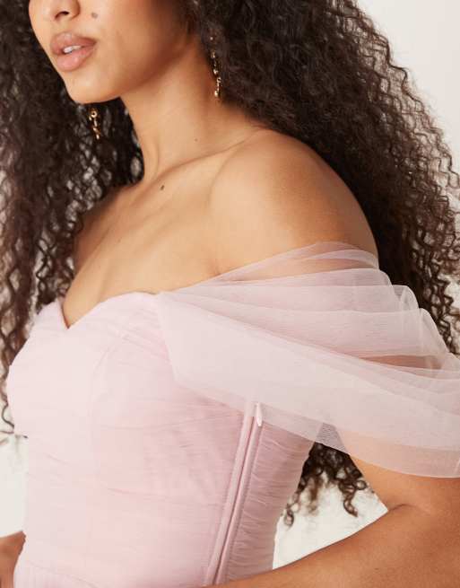 Lace & Beads off the shoulder tulle mini dress in powder pink, 2 of 4