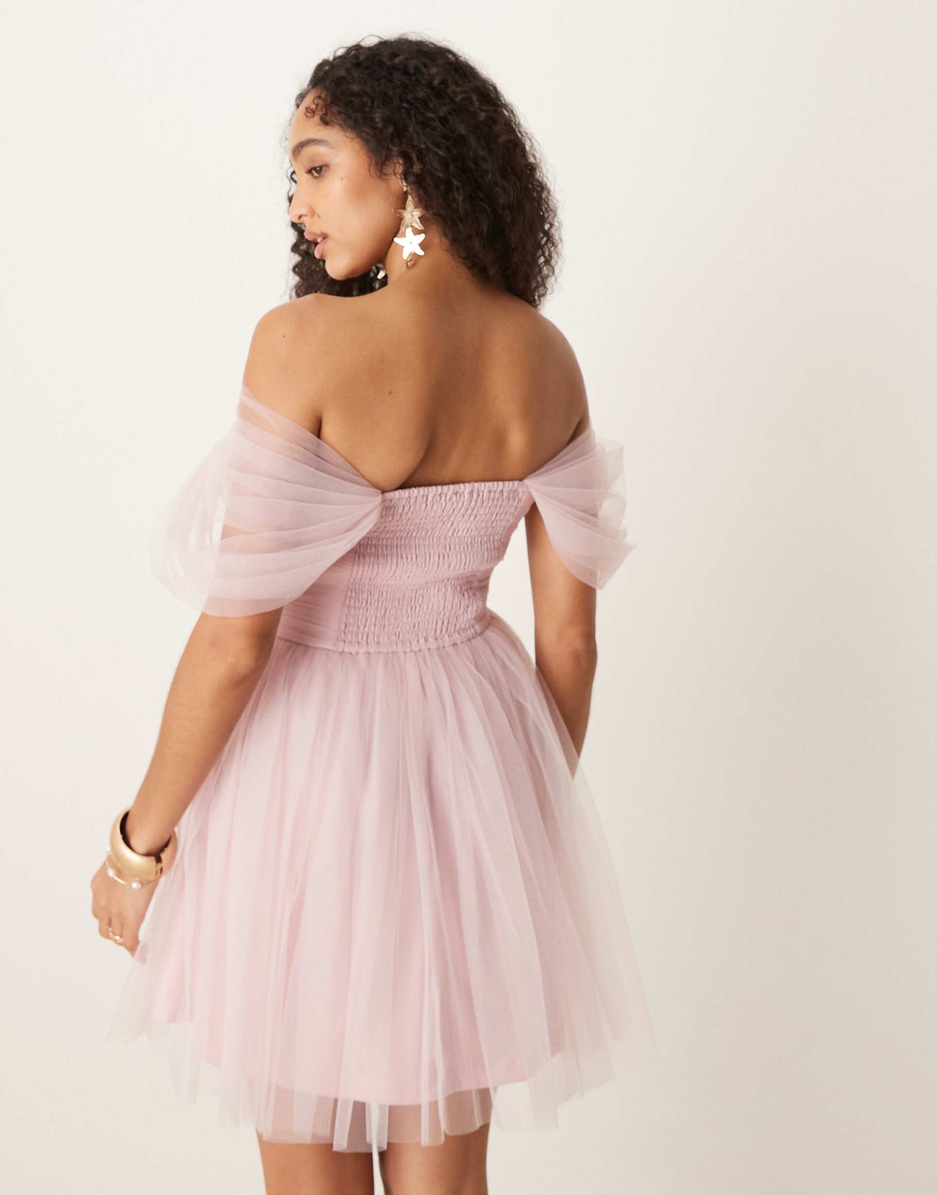 lace & beads off the shoulder tulle mini dress in powder pink