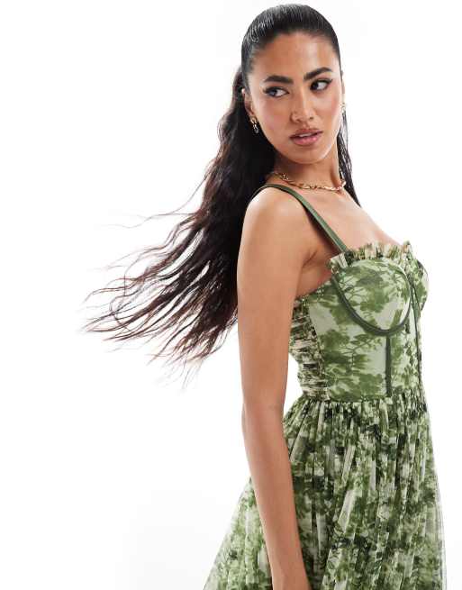 Lace & Beads - Olivengrøn midikjole med korset og blomstermønster i tyl, 2 af 4