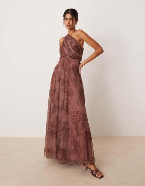 Lace & Beads one shoulder maxi dress in brown leopard print - view 1