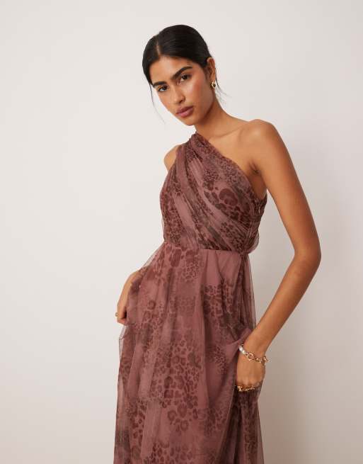 Lace & Beads one-shoulder maxi dress in brown leopard print