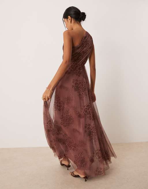 Lace & Beads one-shoulder maxi dress in brown leopard print