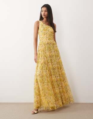 Lace & Beads One Shoulder Maxi Dress In Yellow