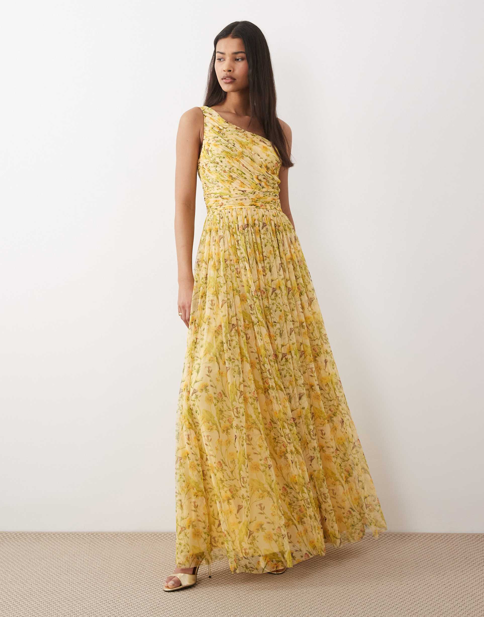 lace & beads one shoulder maxi dress in yellow floral