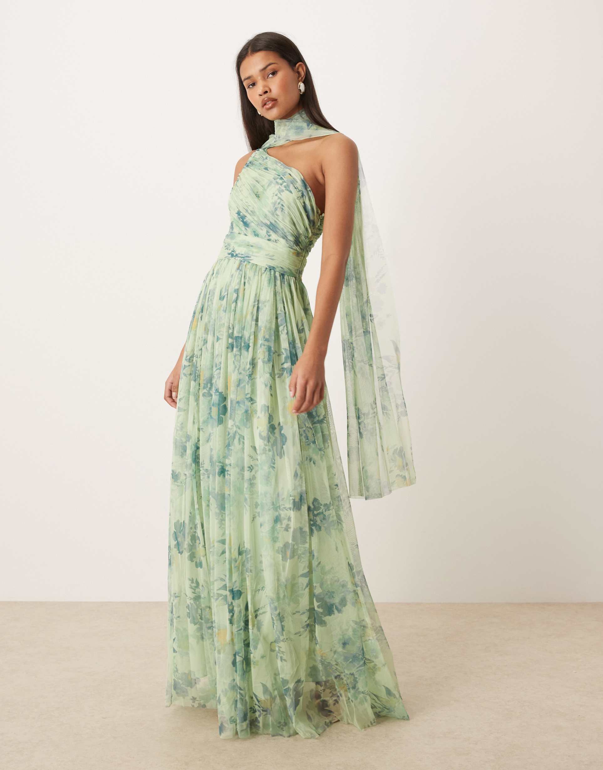 lace & beads one shoulder scarf neck maxi dress in sage green print