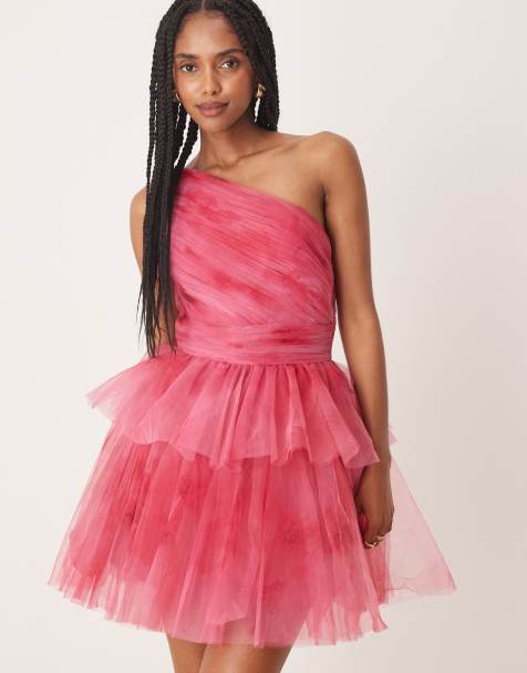 Lace & Beads one shoulder tiered mini dress in pink ombre - view 1
