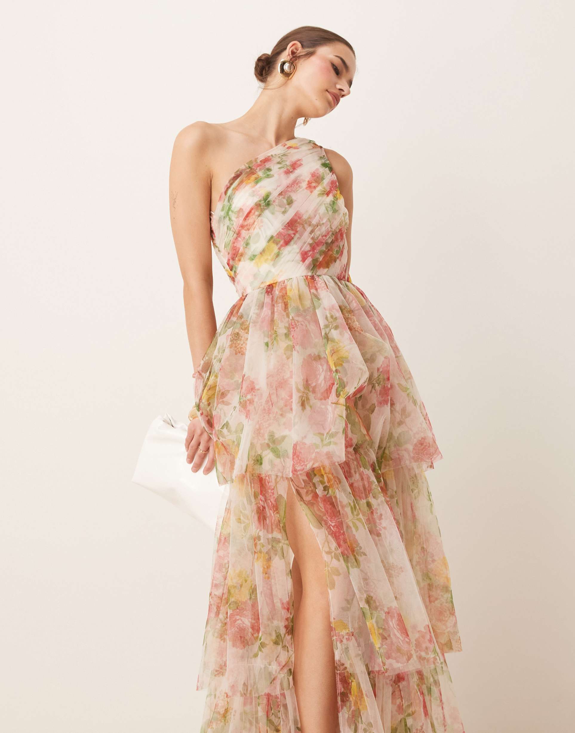 lace & beads one shoulder tiered tulle maxi dress in bright floral