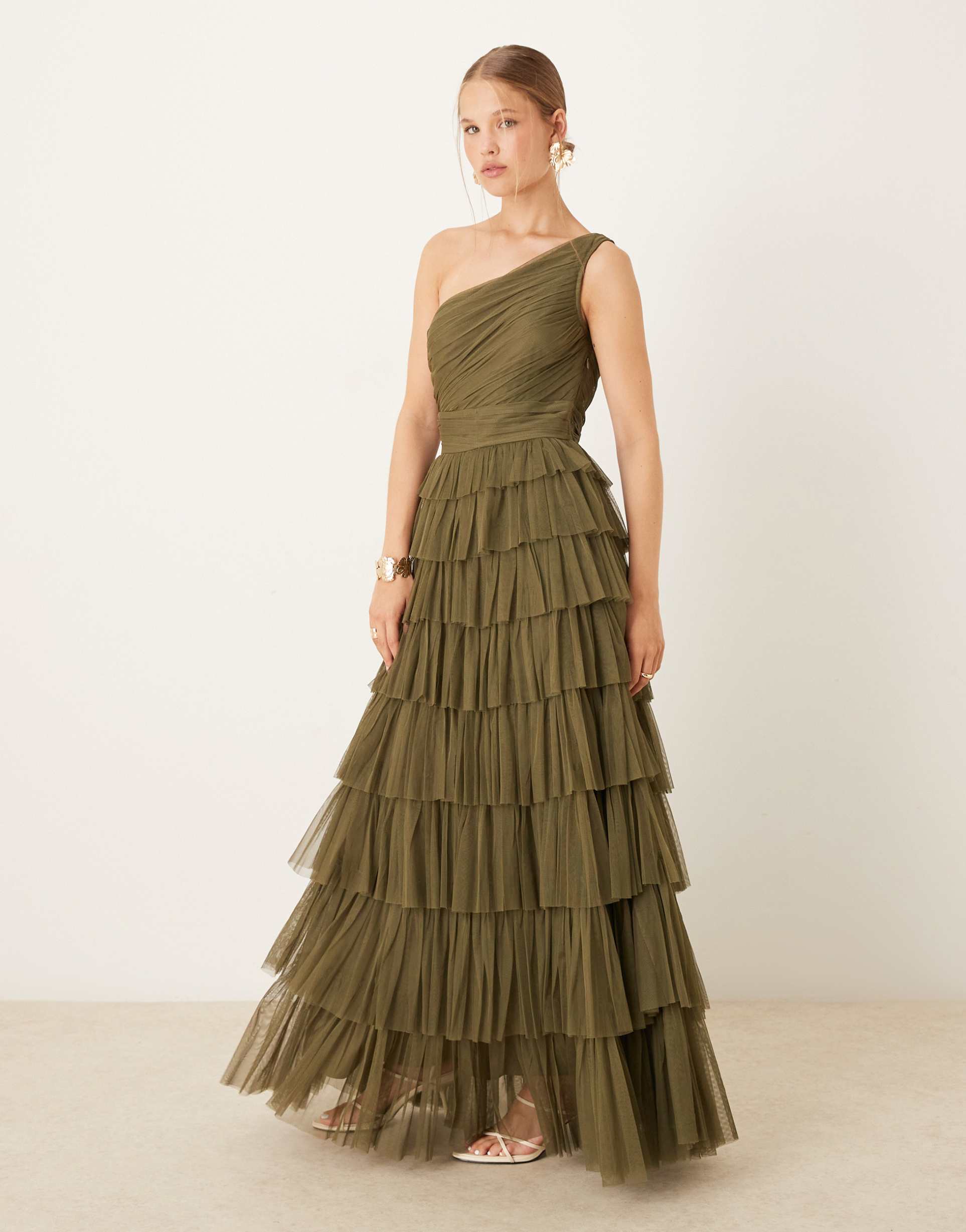 lace & beads one-shoulder tiered tulle maxi dress in deep olive