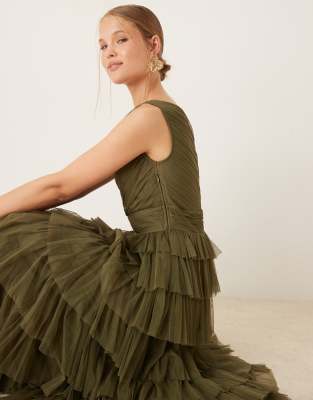 Lace & Beads One-shoulder Tiered Tulle Maxi Dress