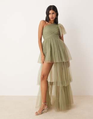 Lace & Beads One-shoulder Tiered Tulle Maxi Dress In Green