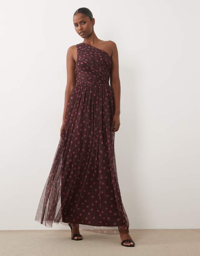 lace & beads layered tulle bardot maxi dress in lilac one shoulder pink and purple polka dots Fiona Dress Anna Blue Costume - Color:golden champagne velvet quality polyester