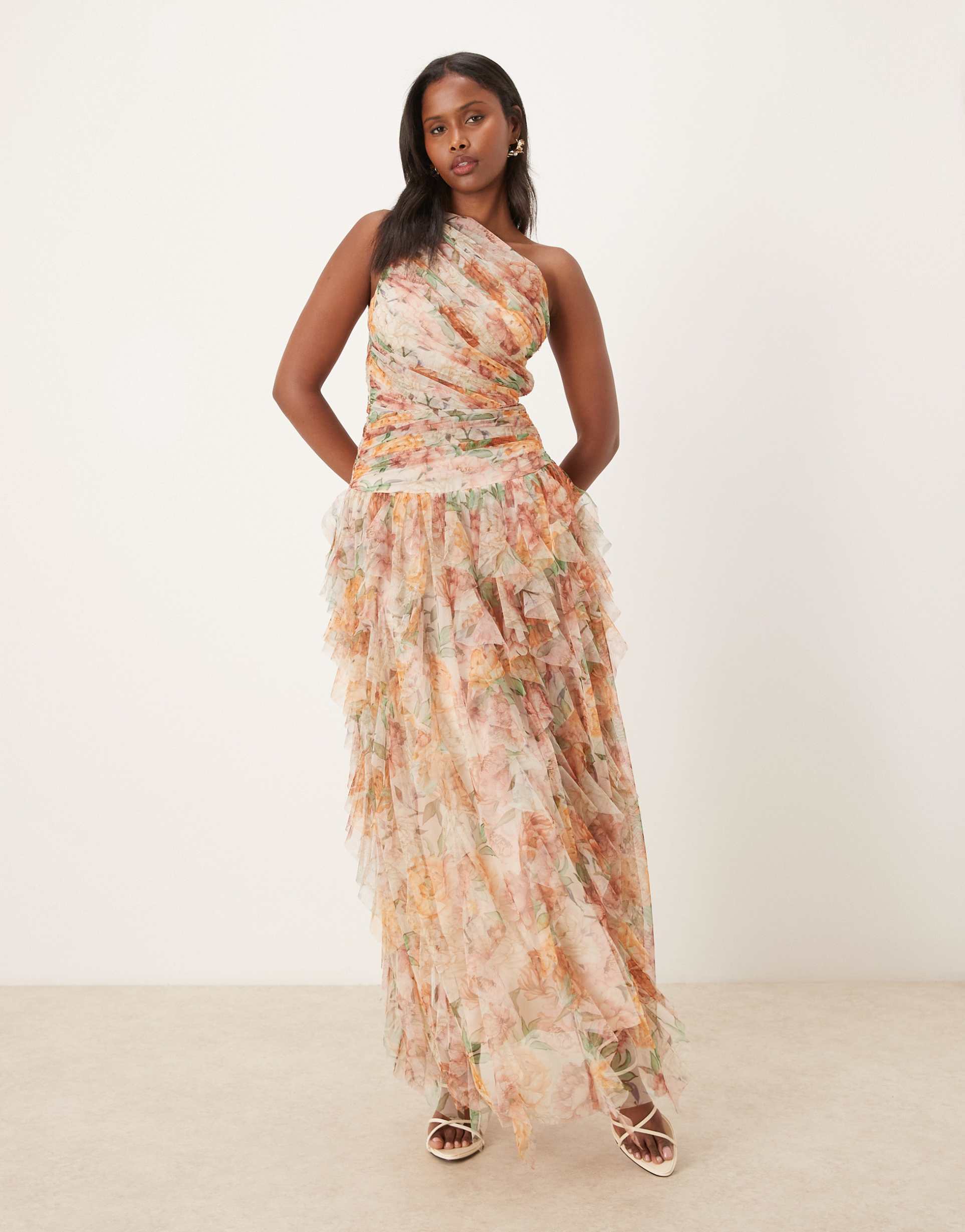 lace & beads one shoulder waterfall ruffle maxi dress in floral print
