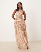 Lace & Beads Bridesmaid tulle one shoulder waterfall ruffle maxi dress ...