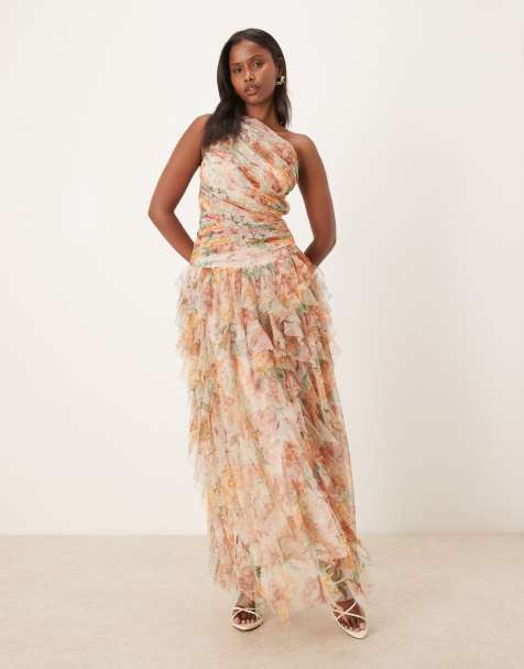 Lace & Beads one shoulder waterfall ruffle maxi dress in soft brown floral