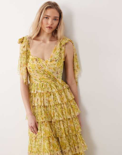 Lace & Beads Ophelia bow shoulder tulle maxi dress in yellow floral, 2 of 4