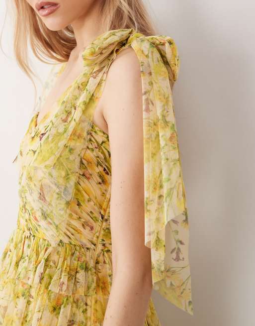 Lace & Beads Ophelia bow shoulder tulle maxi dress in yellow floral, 3 of 4