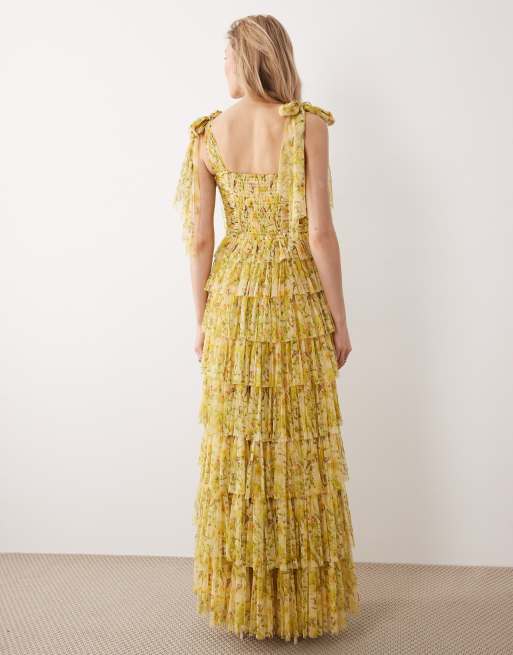 Lace & Beads Ophelia bow shoulder tulle maxi dress in yellow floral, 4 of 4