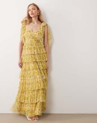 Lace & Beads Ophelia Bow Shoulder Tulle Maxi Dress In Yellow