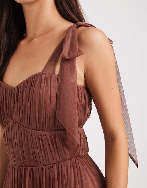 Lace & Beads Ophelia tulle bow shoulder tiered maxi dress in rose brown, 3 of 4