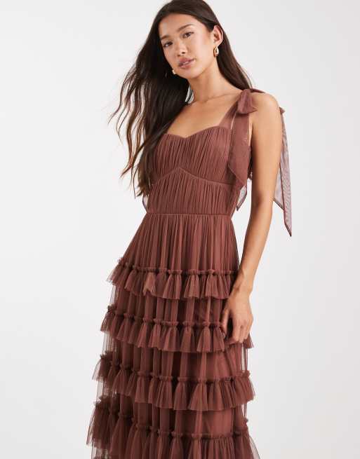 Lace & Beads Ophelia tulle bow shoulder tiered maxi dress in rose brown, 4 of 4