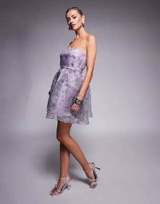 Lace & Beads Organza Babydoll Micro Mini Dress In Purple