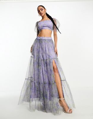 Lace & Beads organza crop top and maxi skirt co-ord in lilac floral