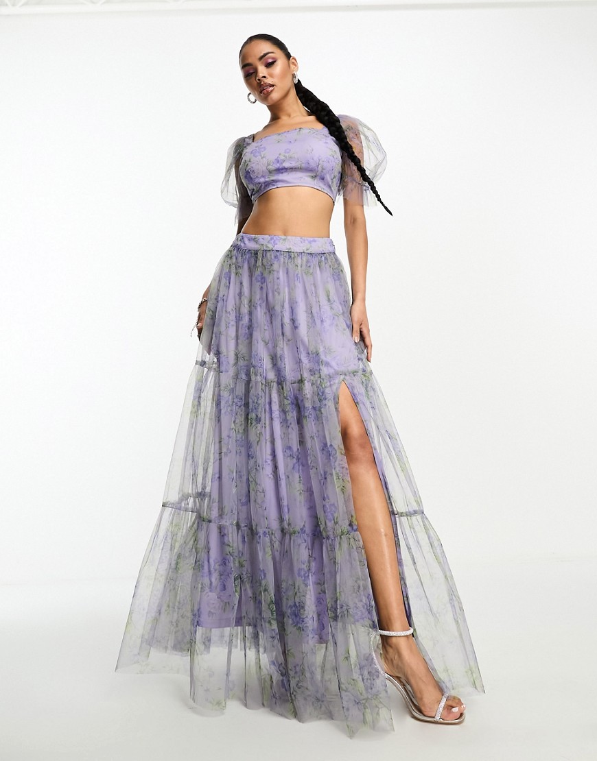 Lace & Beads organza maxi skirt co-ord in lilac floral-Multi
