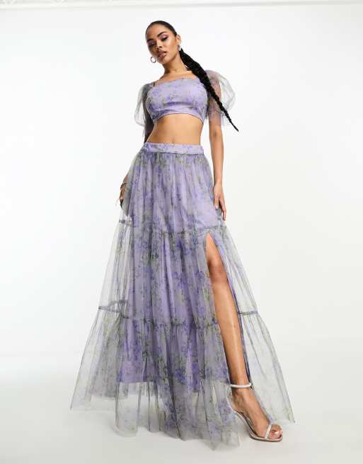 Lace & Beads organza crop top and maxi skirt set in lilac floral