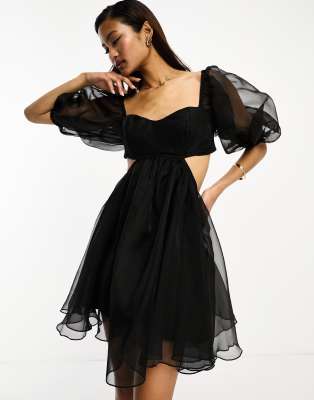 Lace & Beads Organza Mini Dress In Black