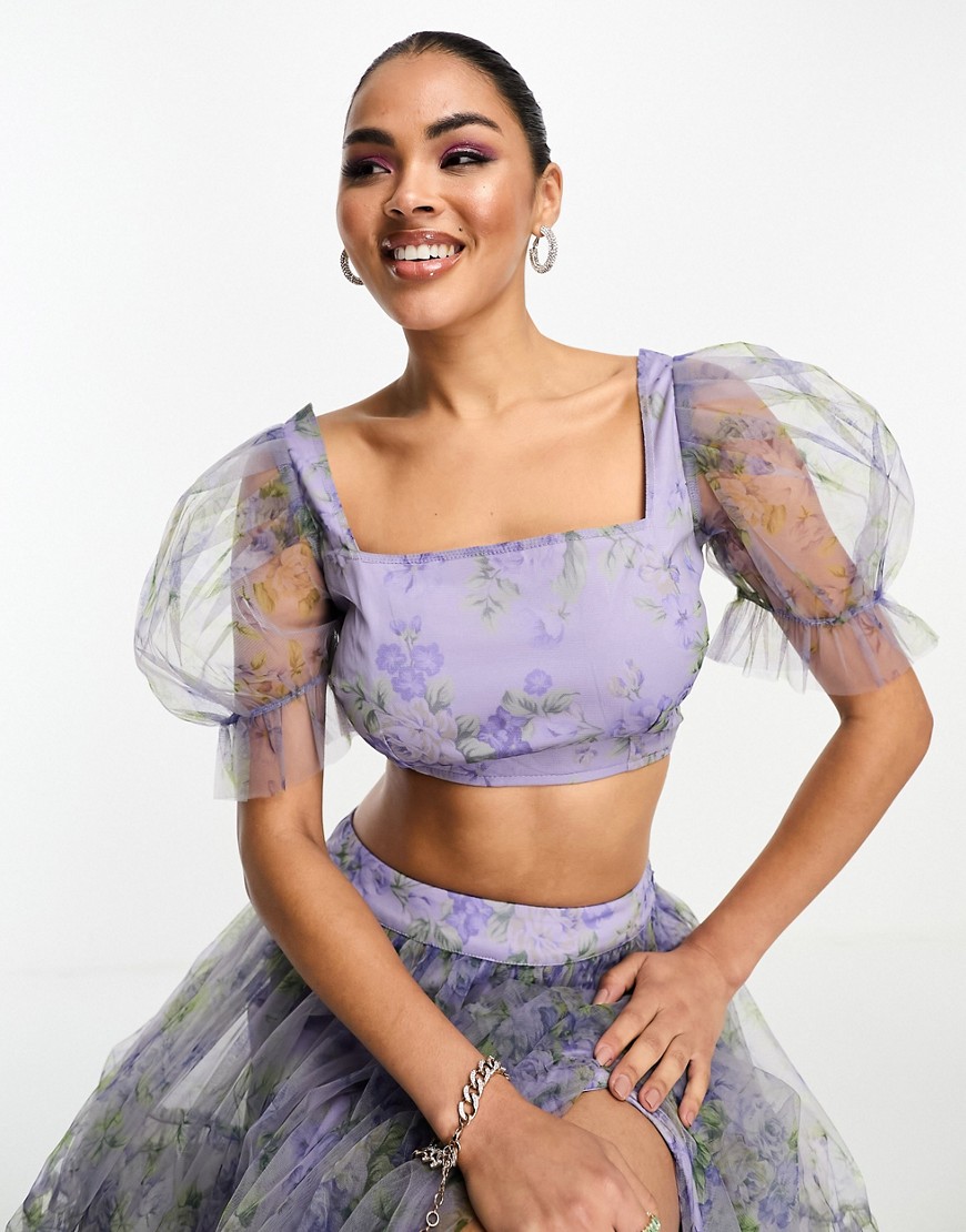 Lace & Beads organza puff sleeve crop top co-ord in lilac floral-Multi