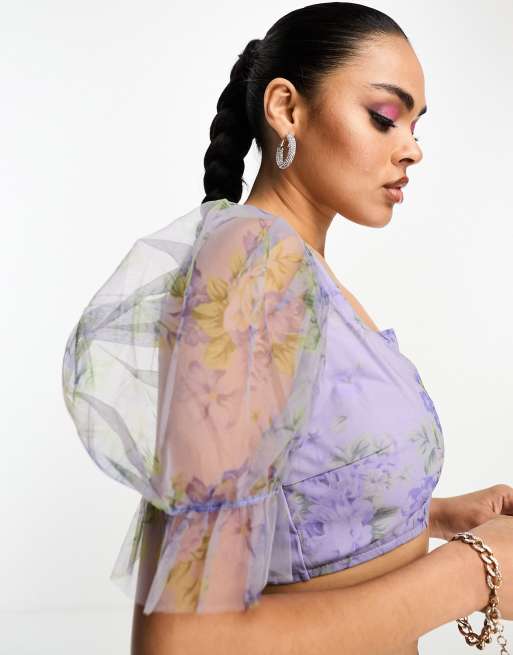 Lace & Beads organza puff sleeve crop top co-ord in lilac floral, 3 of 4