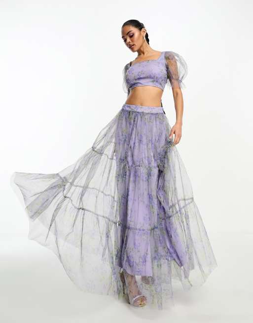 Lace & Beads organza puff sleeve crop top co-ord in lilac floral, 4 of 4