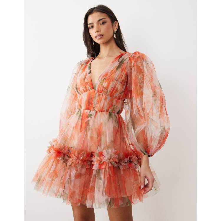 【POPPY】organdy flare mini dress Lace & Beads organza v-neck balloon sleeve mini dress in bright