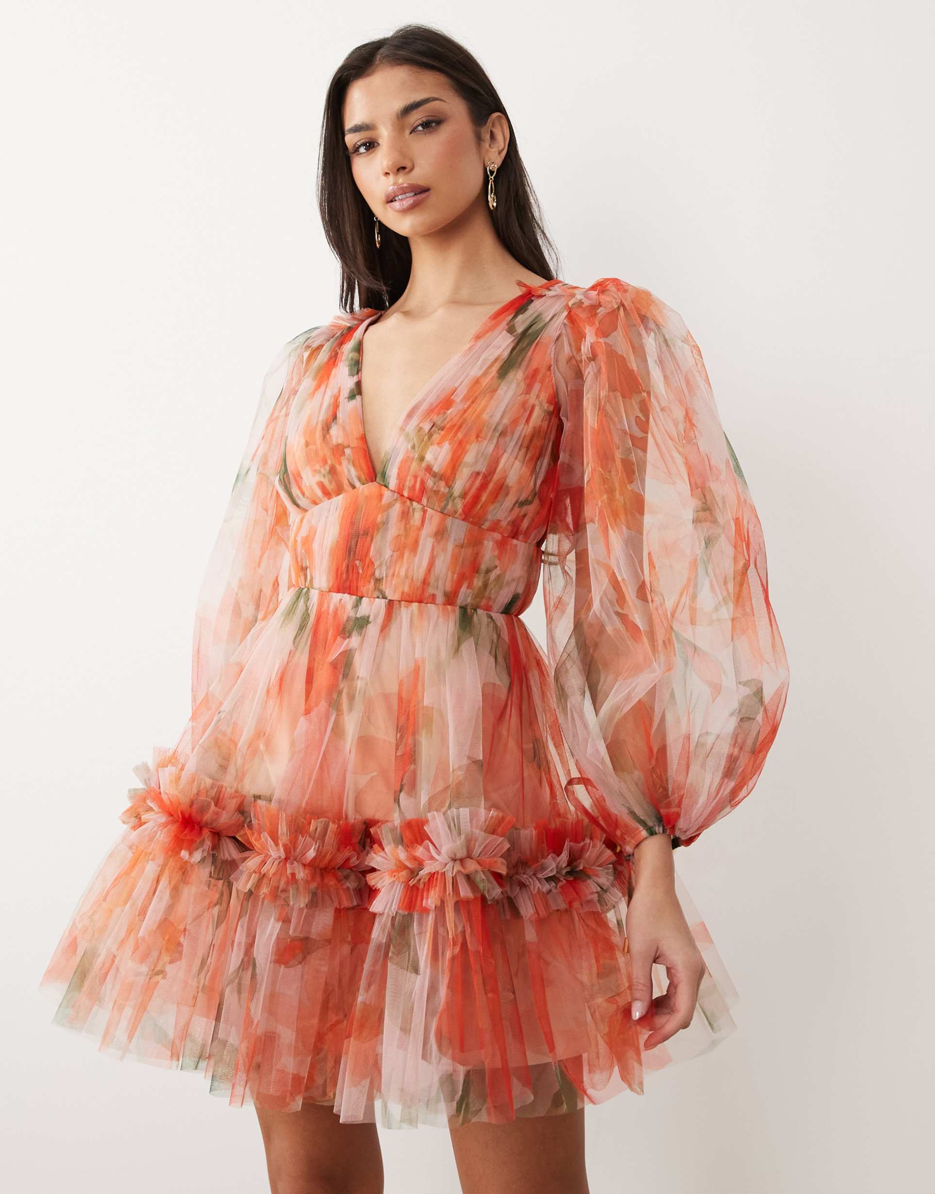 lace & beads organza v-neck balloon sleeve mini dress in bright orange poppy print