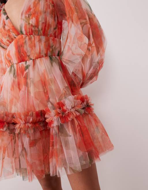 Lace & Beads organza v-neck balloon sleeve mini dress in bright orange poppy print-Multi